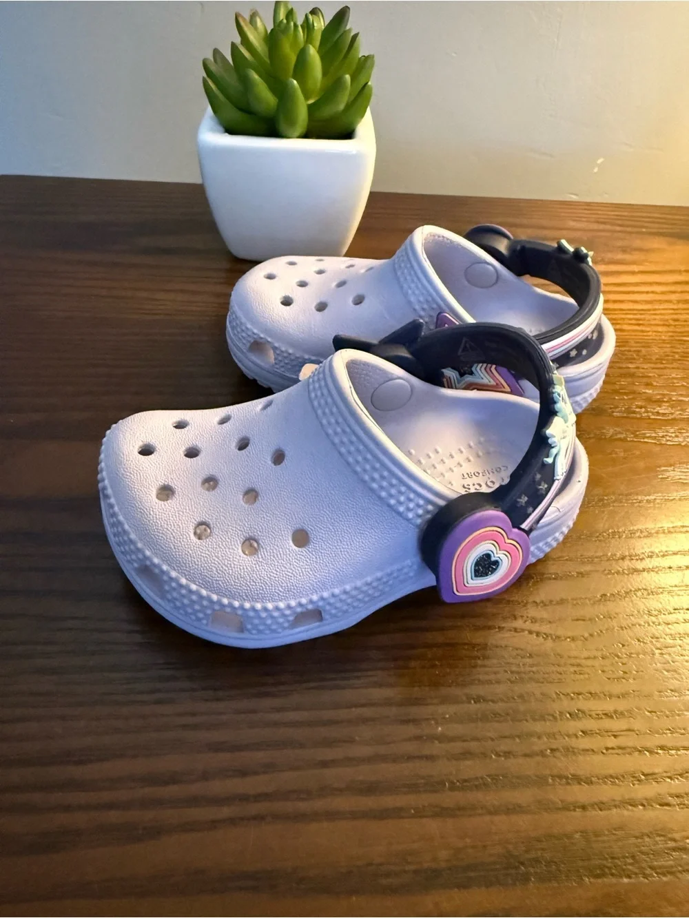CROCS Kids Classic Clog in Lavender with Navy Strap and Unicorn Charm